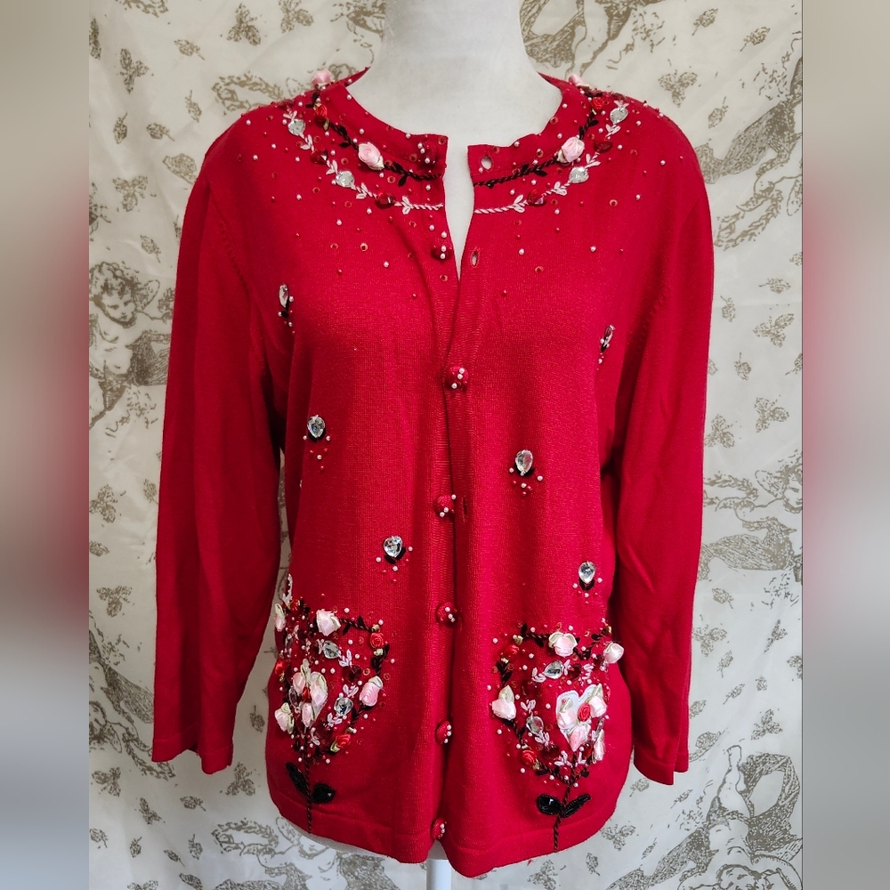 Vintage Stunning Red berek valentines Day beaded floral Hearts  cardigan L
